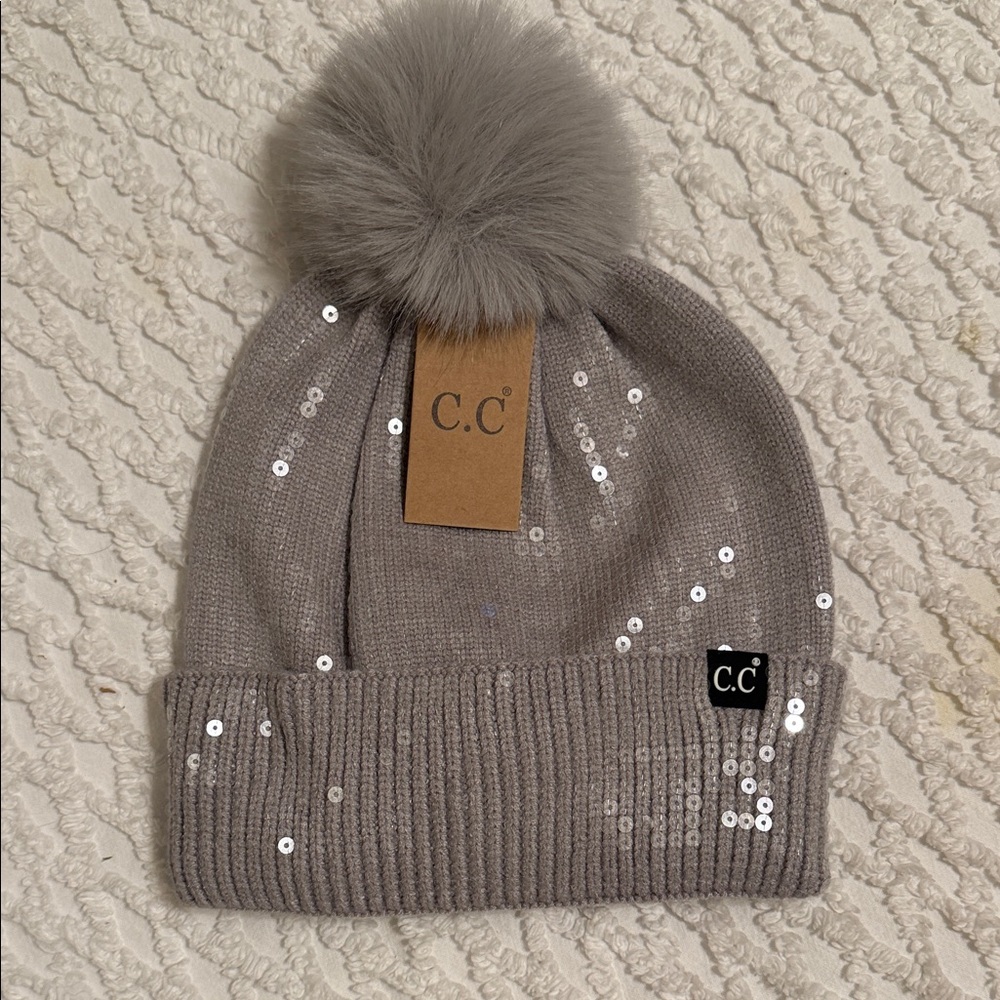 C.C  Gray Sequin Pom-Pom Beanie